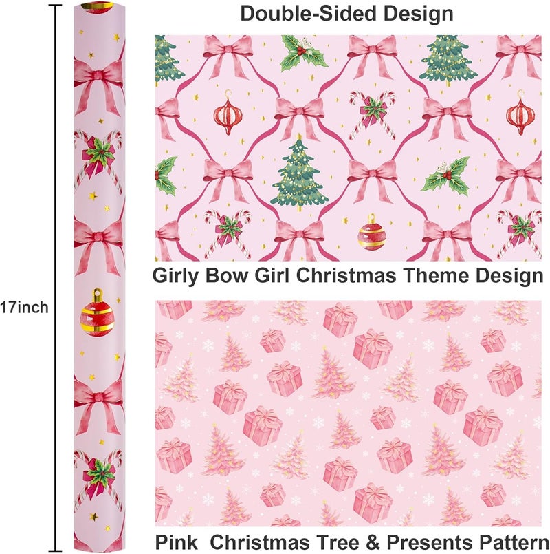 Yarcony Reversible Pink Christmas Wrapping Paper Roll, Girly Bows Wrapping Paper, Pink and Green Coquette Bows Christmas Gift Wrap for Holiday, Girls Birthday, Party (Mini Roll, 17 Inch X 33 Feet) - Image 3